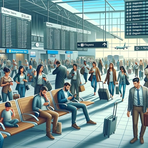 Busy airport terminal with stressed and anxious passengers