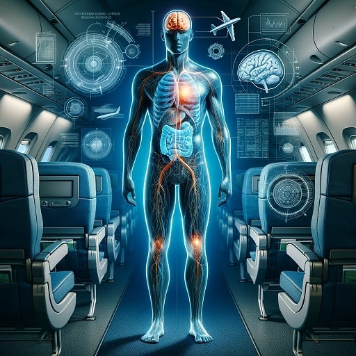 Human figure showing effects of decreased oxygen and restricted blood flow during flight
