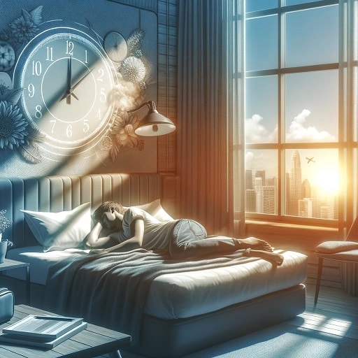 Traveler resting in a comfortable sleep environment near a window with sunlight