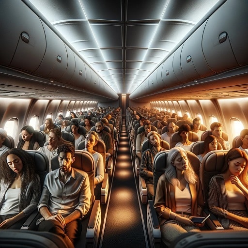 Passengers in an airplane cabin looking tired on a long-haul flight